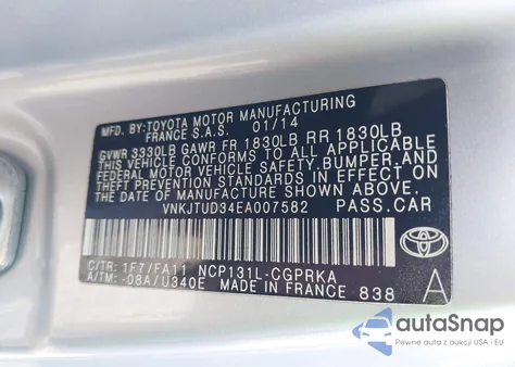 2014 Toyota Yaris L (Tmmf Plant) from USA, damaged, VIN VNKJTUD34EA007582